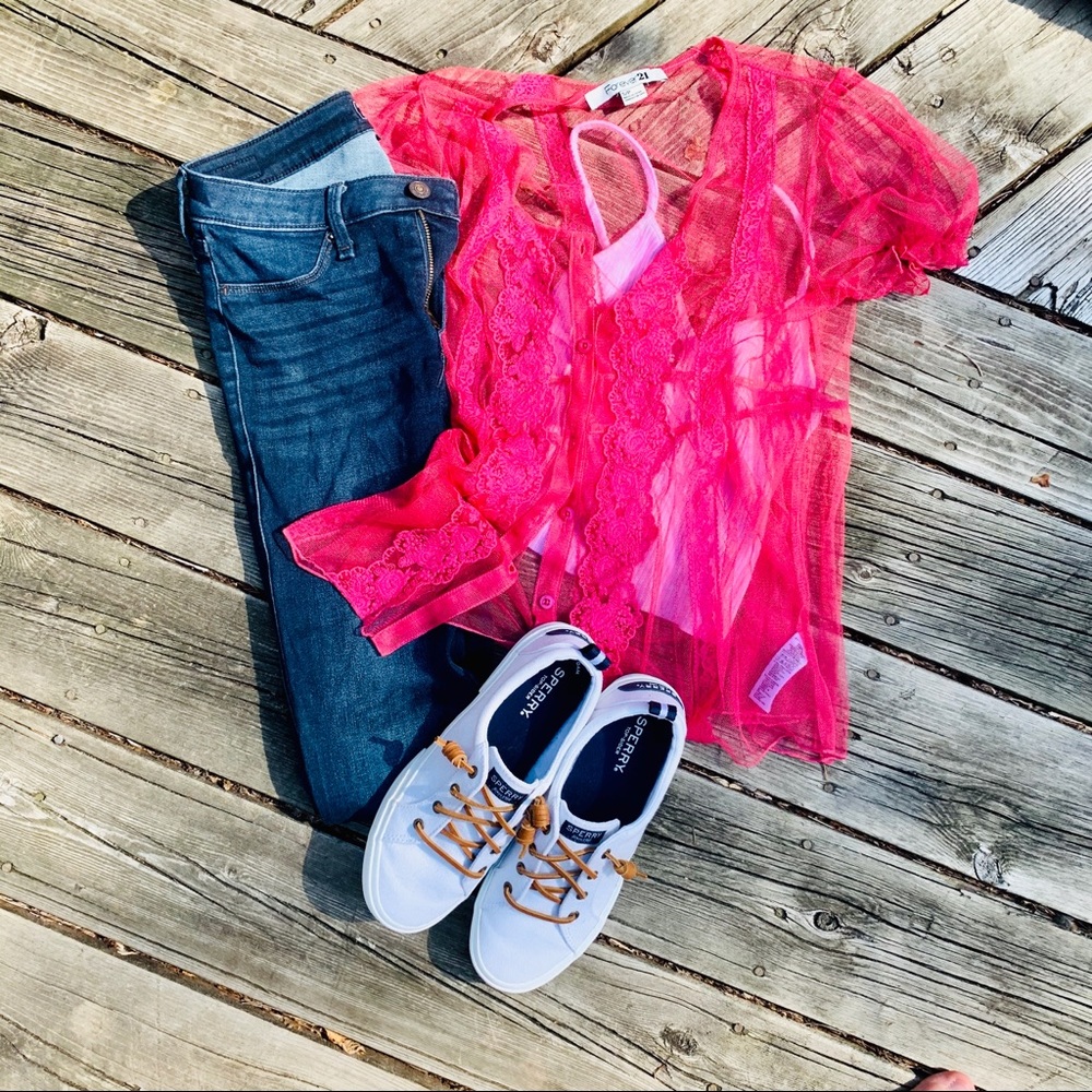 Forever 21 Pink Mesh Button Down